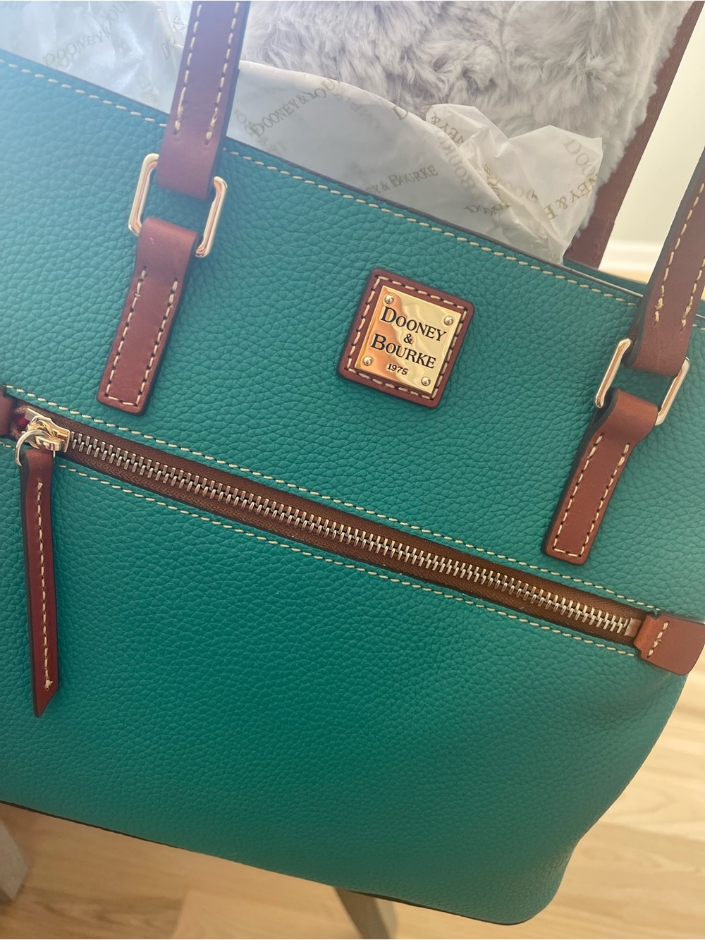 Dooney & Bourke Teal Pebbled Leather Tote with Brown Trim and Gold Hardware - Picture 2 of 4